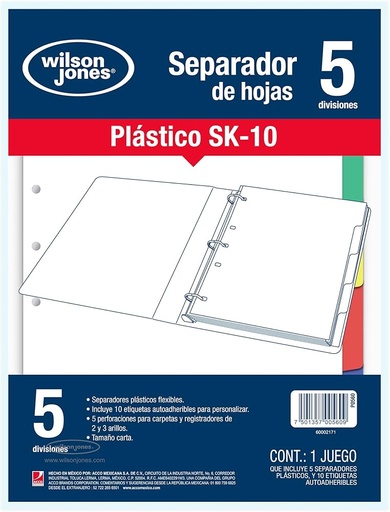 [10-102028] SEPARADOR ACCO DE PLASTICO SK-10 P0560 5 DIVISIONES
